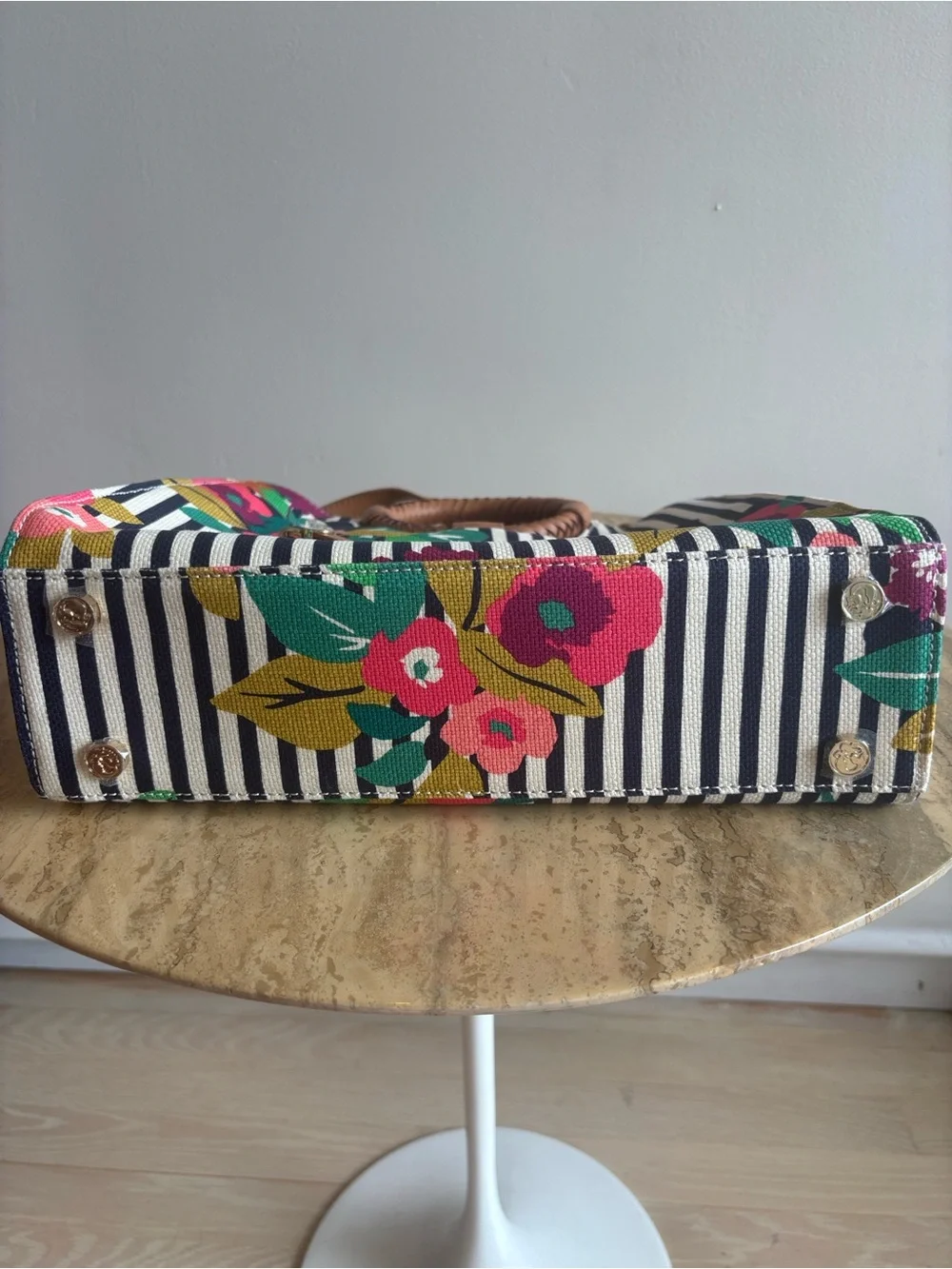 Spartina 449 Navy & White Stripe Floral Tote Purse with Braided Leather Handle